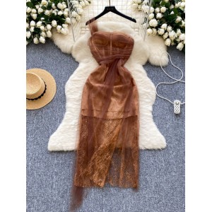 High end princess style dress with feminine temperament, sexy one shoulder suspender, strapless, waist cinching, slimming lace mesh dress