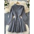 One shoulder lapel bow tie tied long sleeved knitted dress for women in autumn, pure desire to fold waist sweater, pleated short skirt