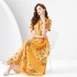 2024 Early Spring - Vacation style suit collar short sleeved pleated wide hem square scarf printed long dress