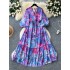 High end slimming dress 2024 autumn new item European and American niche V-neck strap lantern sleeve waist cinching floral skirt