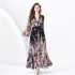 2024 Spring/Summer - Retro Deep V-neck Lantern Sleeve Wave Edge Wide Swing Painted Printed Long Dress