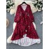 European and American style 2024 autumn new item niche high-end feeling waist collection temperament V-neck split ruffle edge printed dress