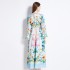 Original in stock | 2024 early spring vacation style temperament design sense V-neck printed long sleeved waist cinching dress