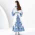 2024 Early Spring - Palace style stand up collar flared sleeve printed long lace dress