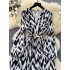 European and American fashion light mature style V-neck lantern sleeve strap cinched waist for slimming temperament zebra print slit dress