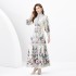 2024 Spring/Summer - Palace style stand up collar lantern sleeves wave side length retro printed dress