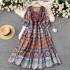 Spring and summer vacation ethnic style printed embroidered square neck dress for women with a waist cinched and pleated A-line loose long skirt