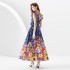 2023 Autumn Palace Vacation Style Standing Collar Lantern Sleeve Wide Skirt Shrink Fold Long Printed Skirt