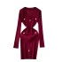 Elegant socialite sexy V-neck zipper long sleeved dress for women in autumn, metal buckle waist cinched bottom knitted woolen dress