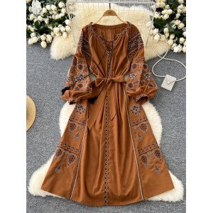 Xinjiang Bohemian Retro Ethnic Style Heavy Industry Embroidery Loose Lantern Sleeve Strap Waist Tourist Dress for Women