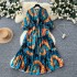 High end slimming dress 2024 autumn new item European and American niche V-neck strap lantern sleeve waist cinching floral skirt