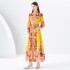 2024 Early Spring - Vacation style stand up collar lantern sleeves wave side length colorful printed dress