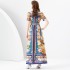 2024 Early Spring - Vacation style suit collar short sleeved pleated wide hem square scarf printed long dress