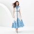 2023 Early Autumn Palace Style Flip Collar Single Front Small Flying Sleeve Printed Long Dress