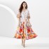 2023 vacation retro palace style V-neck slim fitting lantern sleeve painted long dress