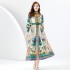 2024 Early Spring - Vacation style stand up collar pleated lantern sleeves retro printed mini dress