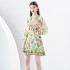 2024 Early Spring - Vacation style V-neck pleated lantern sleeves retro painted printed mini dress