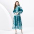 2024 Spring/Summer - Palace style stand up collar lantern sleeves wave side length retro printed dress