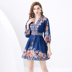 2024 Vacation - Palace style stand up collar lantern sleeves, single placket printed short mini dress