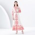 2024- Early Spring Palace Style Flip Collar Single Front Lantern Sleeve Retro Printed Long Dress