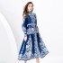 2024 Spring/Summer - Palace style stand up collar lantern sleeves wave side length retro printed dress