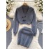 Fashionable Knitted Set Women's Sexy Deep V-neck Short Double breasted Knitted Cardigan+Skirt Two Piece Set Trendy