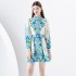 2024- Early Spring Palace Vacation Style Stand up Collar Lantern Sleeve Wide Skirt Shrink Fold Mini Printed Skirt