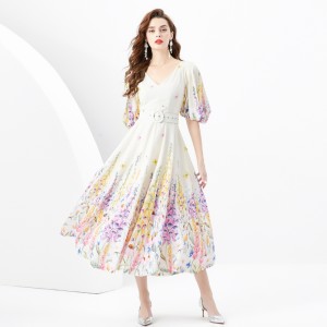 2024 Spring/Summer - Vacation Retro Style V-neck Slimming Lantern Sleeve Painted Long Dress