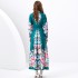 2024 Spring/Summer - Vacation style retro stand up collar single breasted lantern sleeve printed wide swing long dress