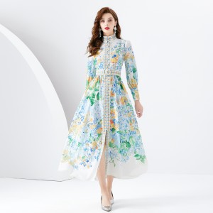 2024 Early Spring - Vacation style stand up collar lantern sleeves wave side length retro printed dress