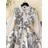 French court style high-end printed dress for women in autumn and winter with bubble sleeves and single breasted design, niche light luxury skirt