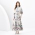 2024 Spring/Summer - Palace style stand up collar lantern sleeves wave side length retro printed dress