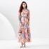 2024 Spring/Summer Vacation Style Standing Collar Lantern Sleeve Wave Edge Printed Dress