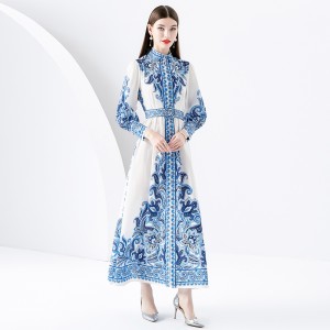 2024 Early Spring - Vacation style stand up collar lantern sleeves wave side length printed dress