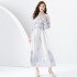 2024 Early Spring - Palace style stand up collar lantern sleeve wave side length retro printed dress