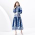 2024 Spring/Summer - Palace style stand up collar lantern sleeves wave side length retro printed dress