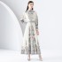 Early Spring 2024- Palace Style Flip Collar Single Front Lantern Sleeve Retro Printed Long Dress