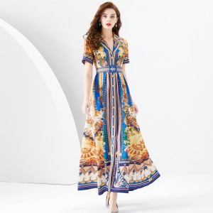 2024 Early Spring - Vacation style suit collar short sleeved pleated wide hem square scarf printed long dress