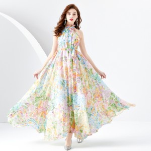 2024 Early Spring - Vacation style hanging neck style black fungus edge wavy edge painted wide swing long printed dress