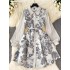 French court style high-end printed dress for women in autumn and winter with bubble sleeves and single breasted design, niche light luxury skirt