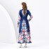 2024 Spring/Summer - Vacation style retro stand up collar single breasted lantern sleeve printed wide swing long dress