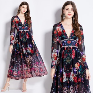 Original in stock | 2024 early spring vacation style temperament design sense V-neck printed long sleeved waist cinching dress