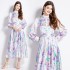 Original in stock | 2024 spring new satin retro stand up collar lantern sleeve printed dress