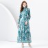 2024 Early Spring - Vacation style stand up collar lantern sleeves wave side length retro printed dress