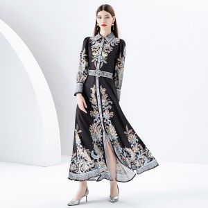 Early Spring 2024- Palace Style Flip Collar Single Front Lantern Sleeve Retro Printed Long Dress