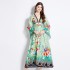 Original in stock | 2024 early spring vacation style temperament design sense V-neck printed long sleeved waist cinching dress