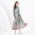 2024 Spring/Summer - Palace style lapel lantern sleeve wave side length retro printed dress