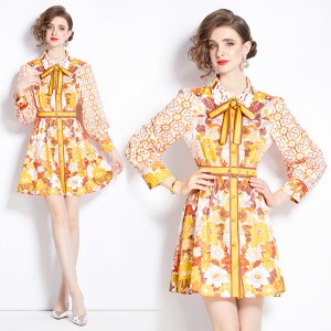 Original Spot | 2024 Early Spring New Printed Retro Collar Fashion Dress Lantern Sleeve High Waist A-line Skirt