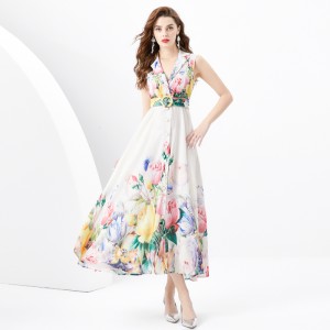 2024 Spring/Summer - Vacation style flat collar sleeveless wide wavy edge oil painting printed long dress