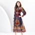 2024 Early Spring - Palace style stand up collar lantern sleeve wave side length retro printed dress